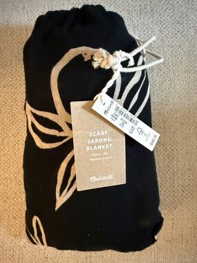 Madewell Black Scarf Sarong with Tan Leaf Print